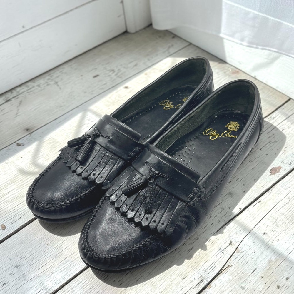 Vintage Kiltie Tassel Loafers Oleg Cassini 10.5M Black Leather Fremont Brazil